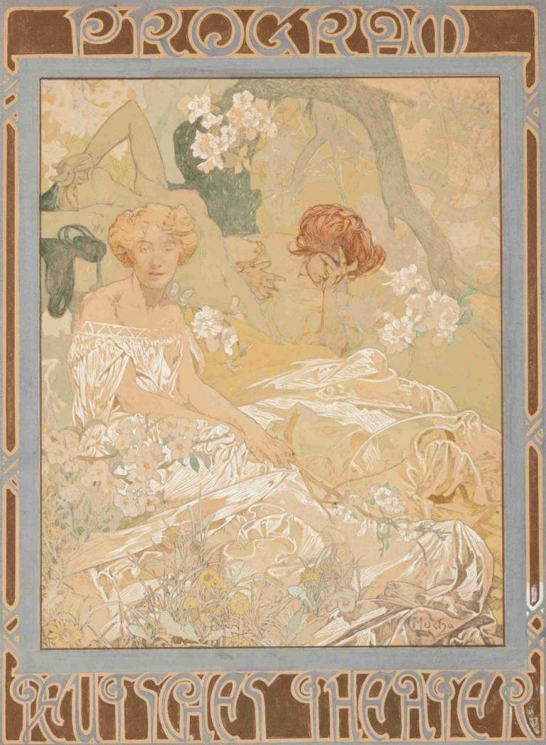 Deutsches Schauspiel-Haus Theater Program,Alphonse Mucha,Illustration,Illustration, flower, multiple girls