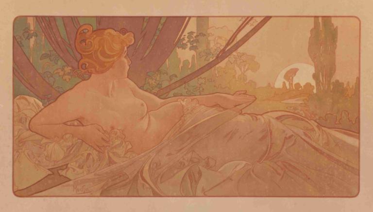 Dusk,Alphonse Mucha,Illustration,Illustration, blonde hair, male focus, fine art parody, nude, nipples, solo