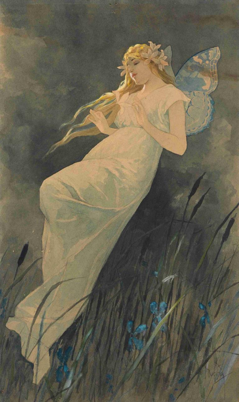 Elfe mit Irisblüten,Alf med irisblomster,Alphonse Mucha,Illustration,Illustration, 1 pige, solo, blond hår