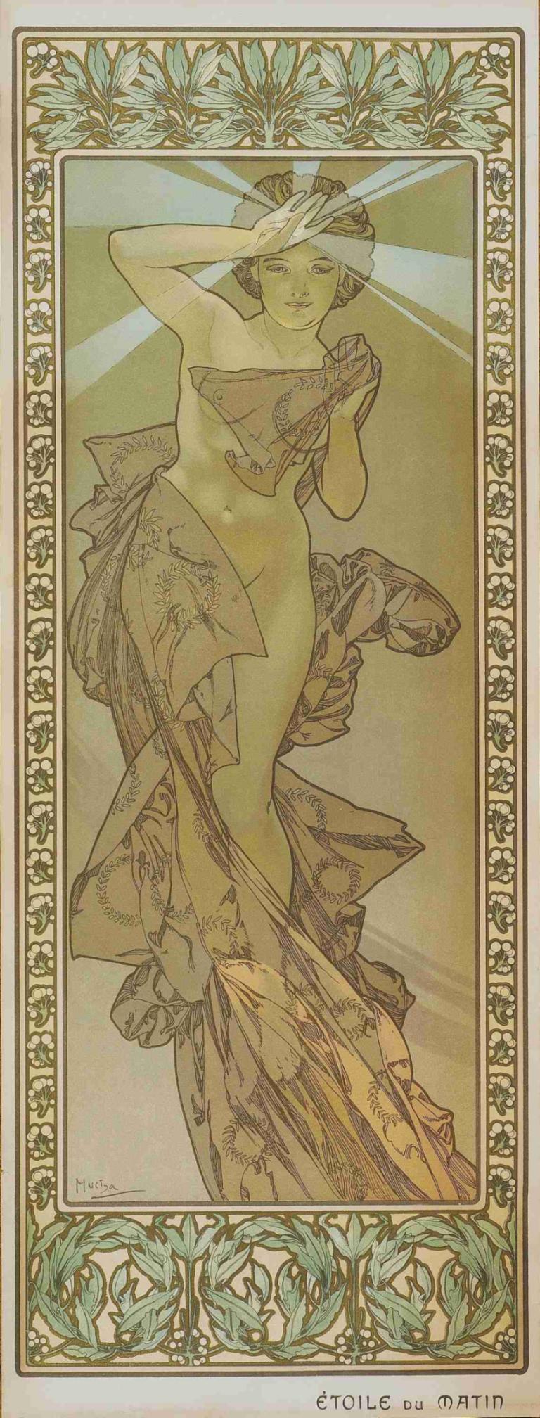 Etoile Du Soir,Alphonse Mucha,Ilustracija,Ilustracija, 1 dekle, tarot, solo, gola, art nouveau, popek