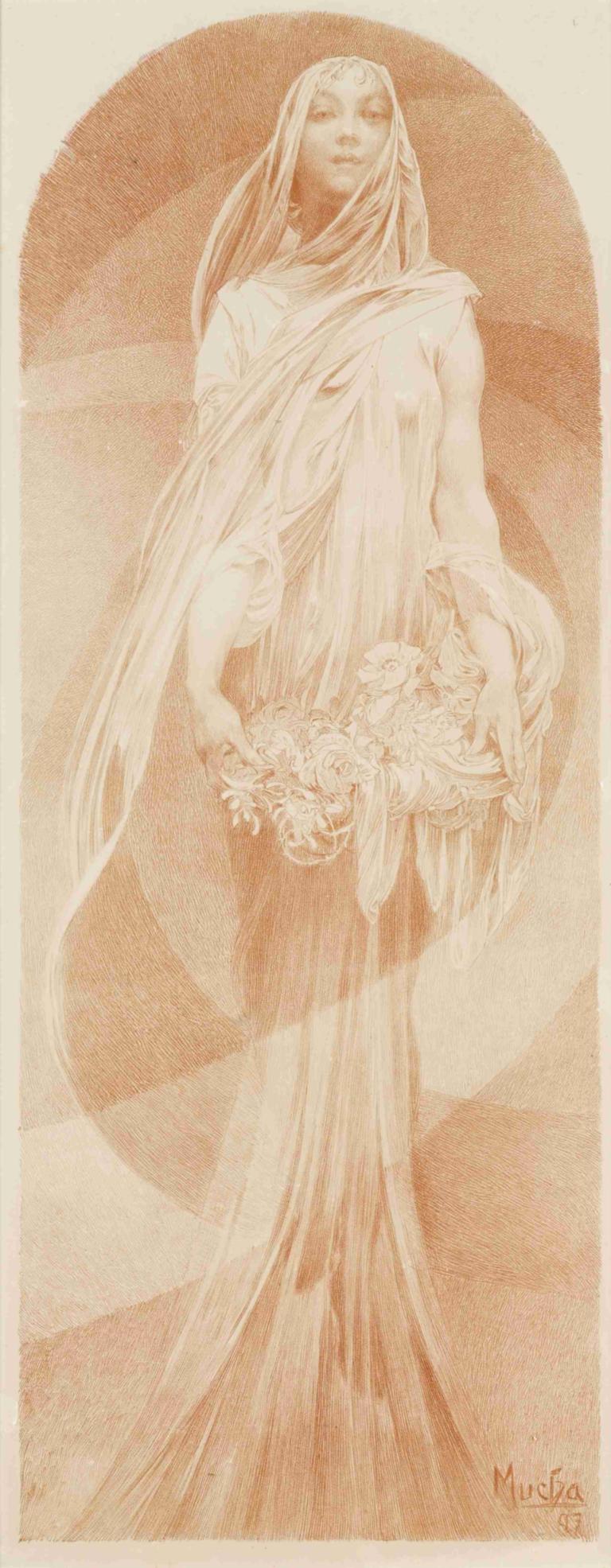 Evocation,Alphonse Mucha,Sketch,Sketch, solo, long hair, 1boy, flower, male focus, monochrome, holding