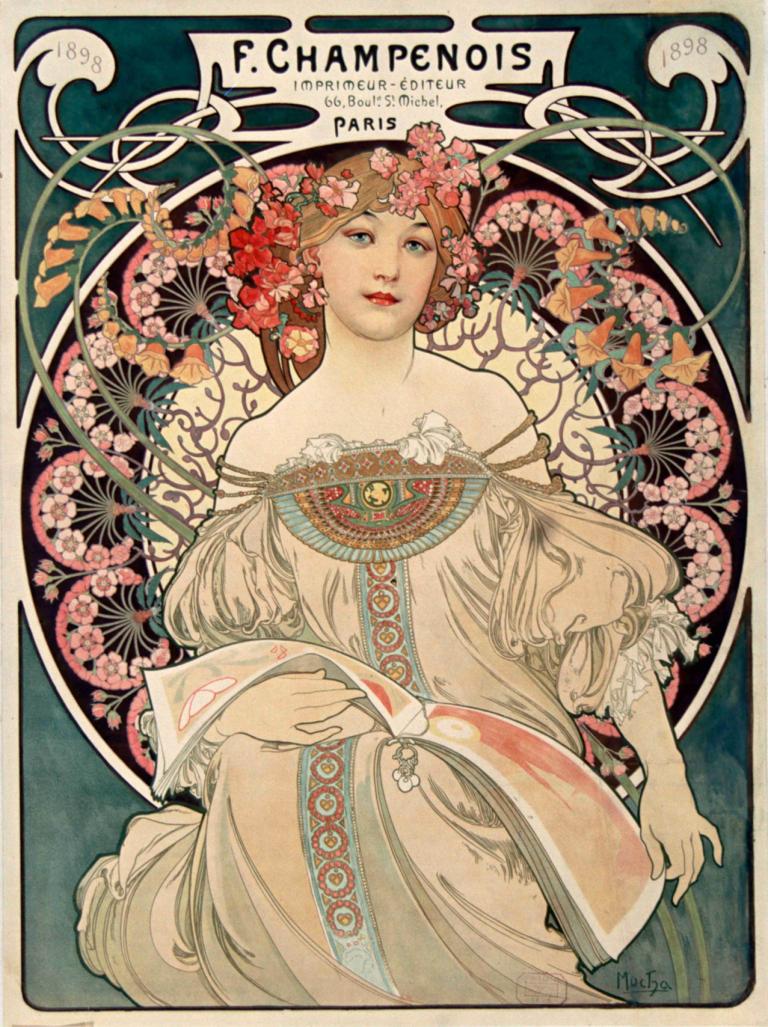 F. Champenois Imprimeur-Editeur,F. 샹페노아 프린터-출판사,Alphonse Mucha,알폰스 무하,일러스트레이션,일러스트레이션, 여자 1명, 아르누보, 독주, 꽃