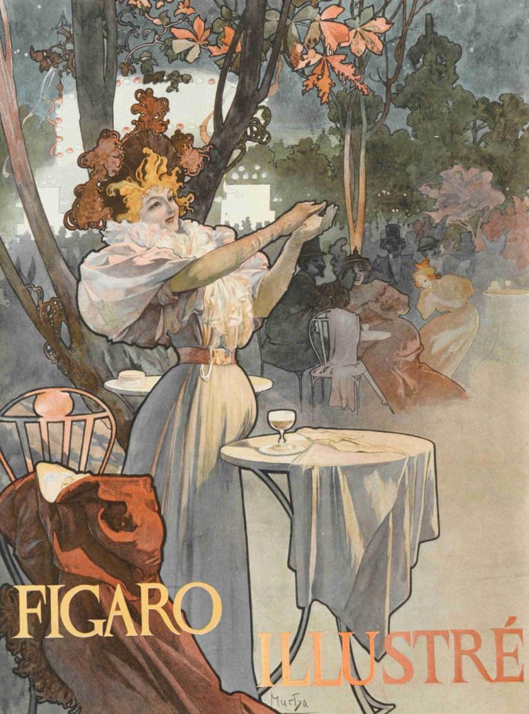 Figaro,Alphonse Mucha,Ilustracija,Ilustracija, tabela, obleka, skodelica, blond lasje, drevo, prt, sedenje