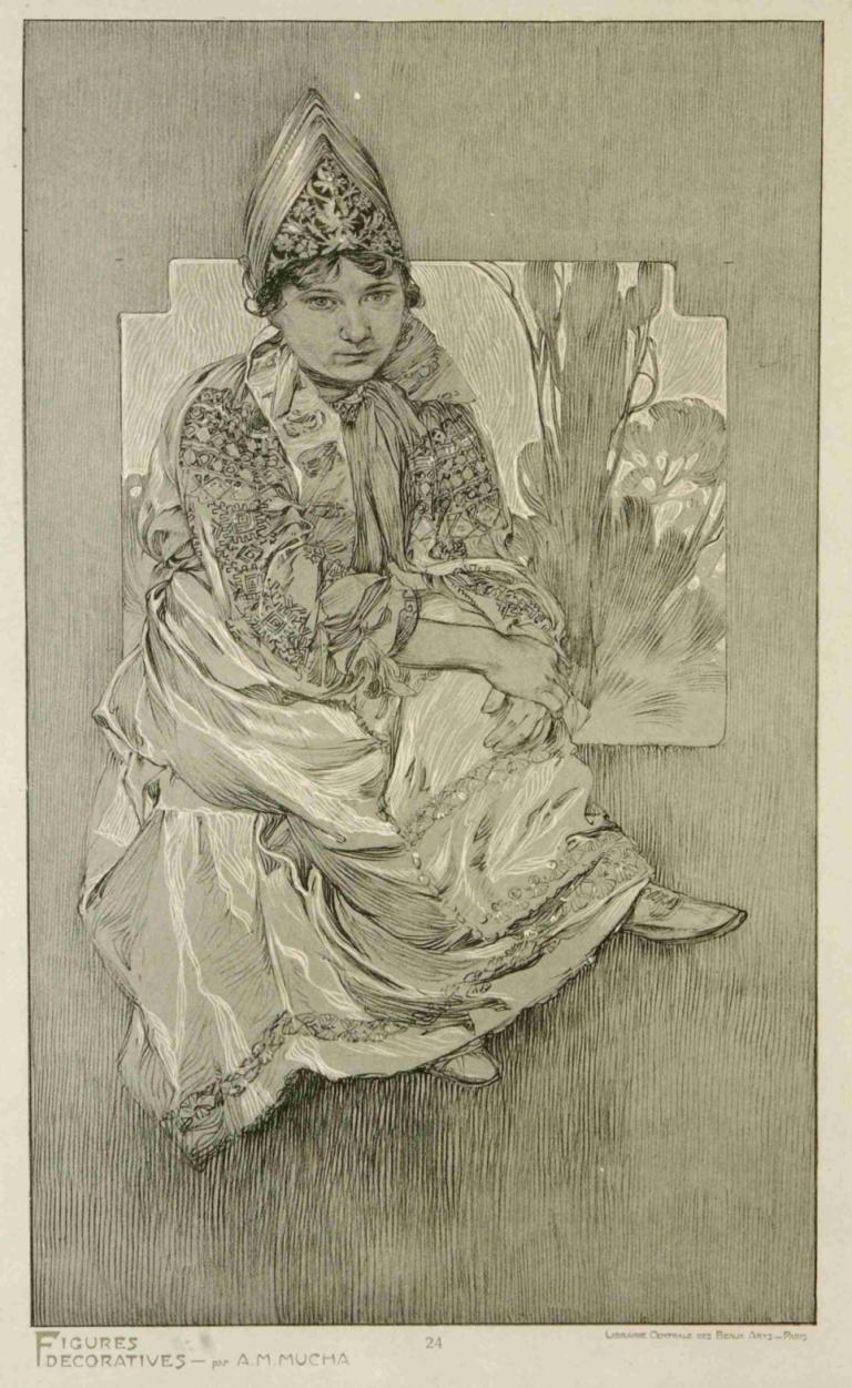 Figures Décoratives,Alphonse Mucha,Sketch,Sketch, solo, monochrome, sitting, 1boy, 1girl, long sleeves