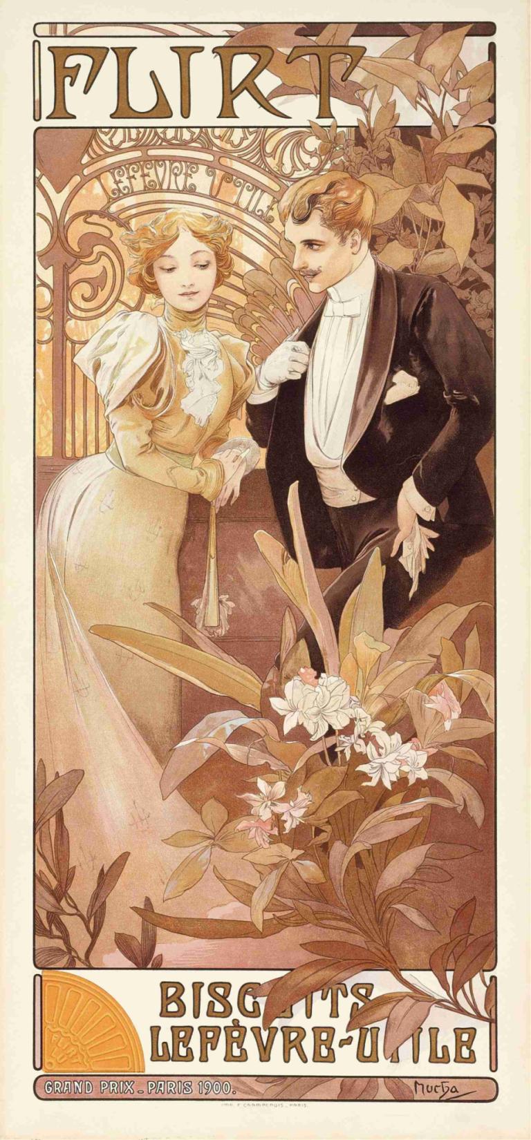 Flirt,Alphonse Mucha,Illustration,Illustration, 1 pige, 1 dreng, kjole, art nouveau, blomst, blond hår