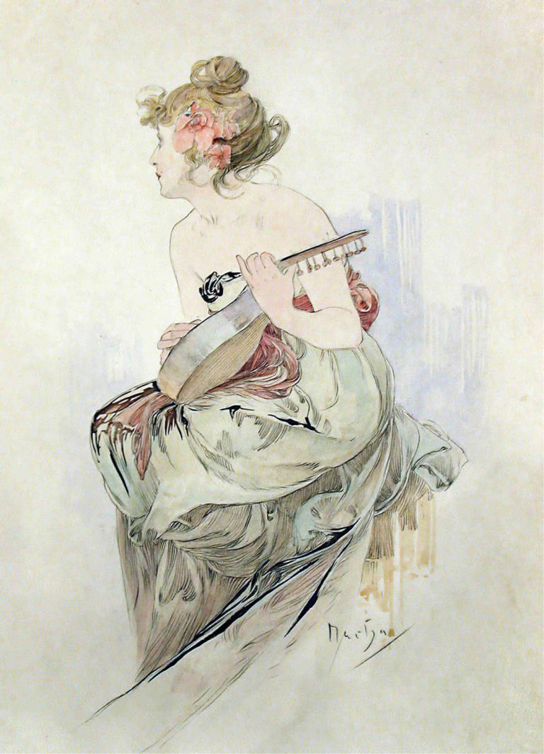 From The Frontispiece Of Le Pater,ル・パテルの扉絵より,Alphonse Mucha,アルフォンス・ミュシャ,イラスト,イラスト, 1女の子, ソロ, おだんごヘア, 絵画（中）