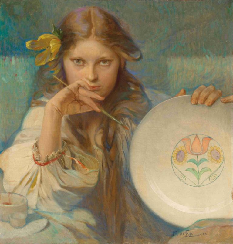 Girl with a Plate with a Folk Motif,Alphonse Mucha,Illustration,Illustration, 1girl, solo, brown hair, flower