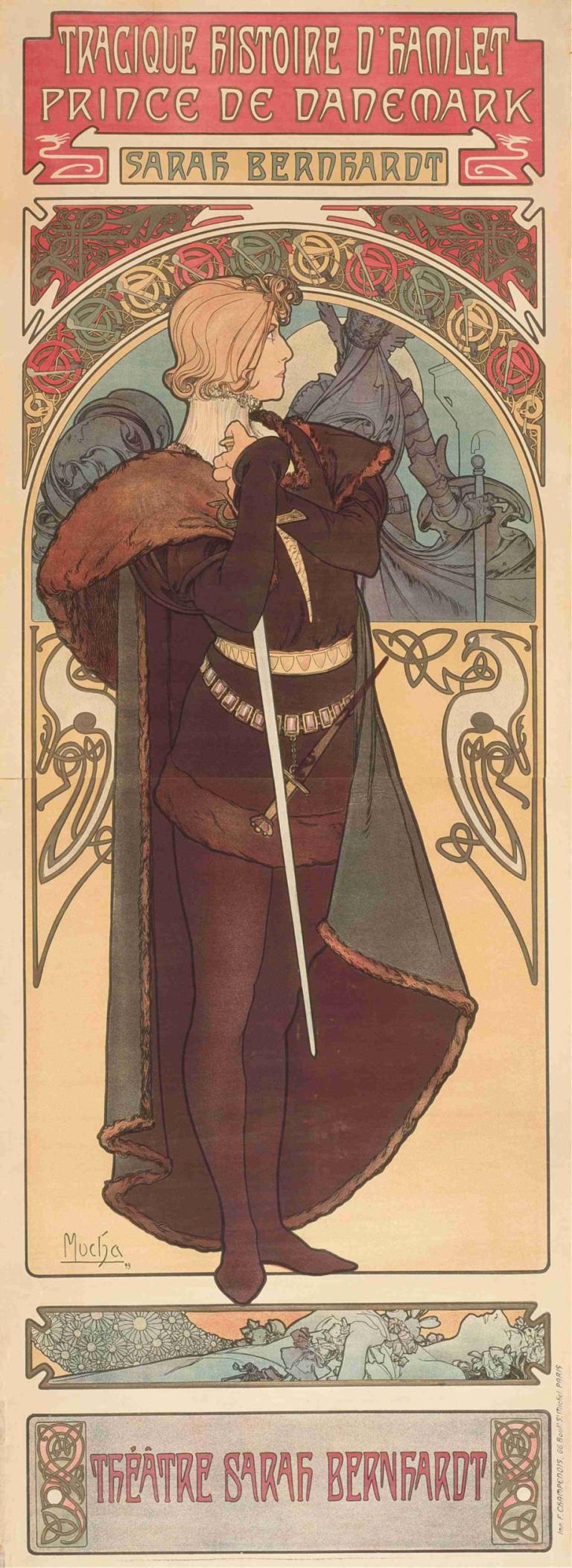 Hamlet,Alphonse Mucha,Illustration,Illustration, svärd, vapen, blont hår, cape, 1 tjej, rustning, hjälm