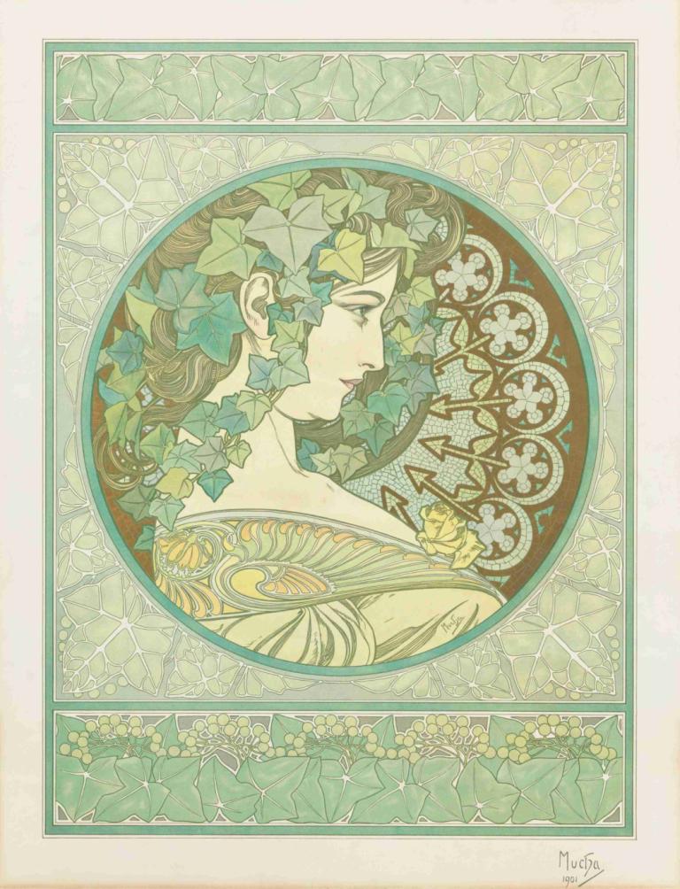 Ivy,Alphonse Mucha,Illustration,Illustration, 1girl, solo, leaf, profile, brown hair, flower, art nouveau