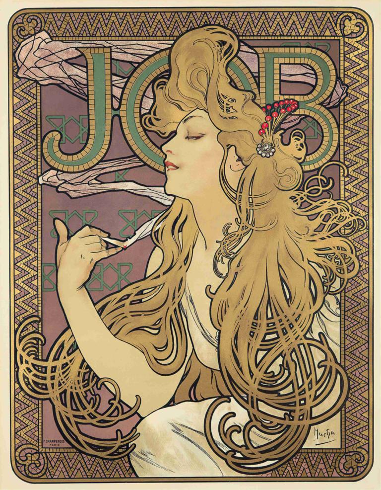 Job,Alphonse Mucha,Illustration,Illustration, 1girl, long hair, solo, art nouveau, closed eyes, hair ornament