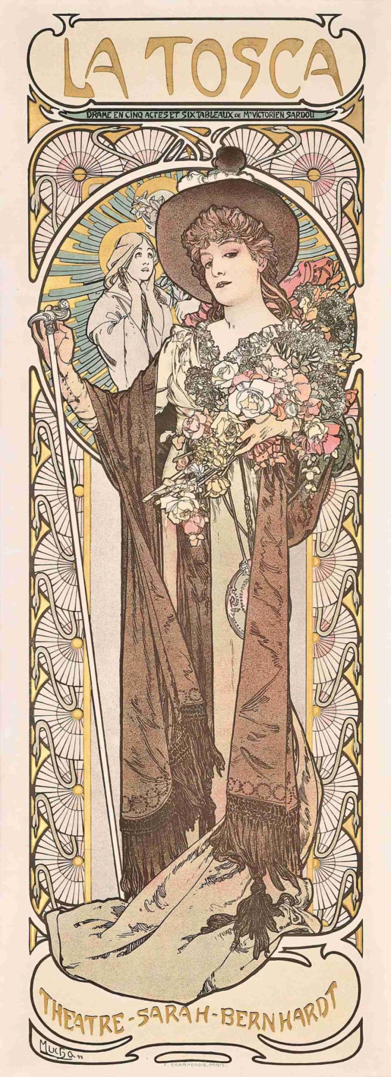 LA TOSCA,Alphonse Mucha,Ilustracija,Ilustracija, art nouveau, cvet, tarot, klobuk, rjavi lasje, obleka