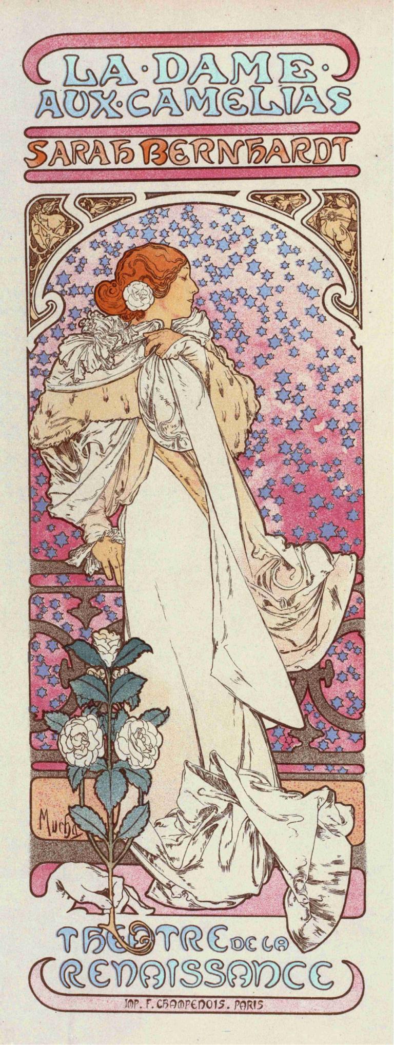 La Dame Aux Camélias,Alphonse Mucha,Illustration,Illustration, Art Nouveau, fleur, 1fille, robe, 1garçon, rose