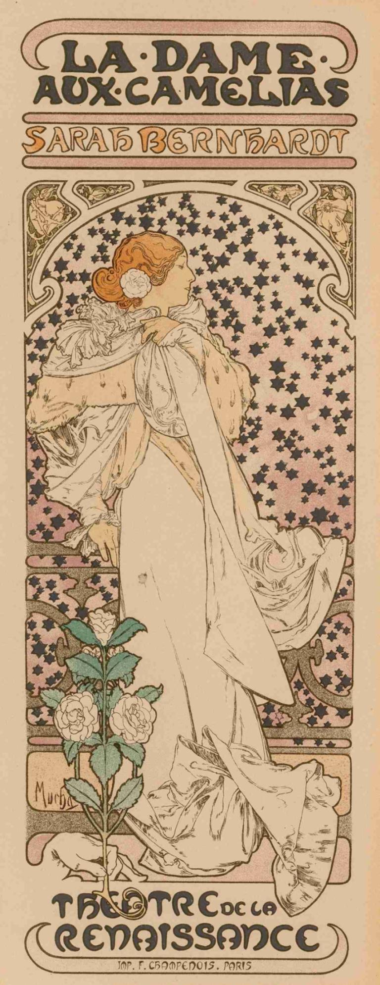 La Dame aux Camelias,Alphonse Mucha,Illustration,Illustration, 1fille, Art Nouveau, fleur, 1garçon, robe