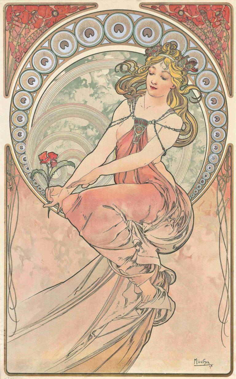 La Peinture,Alphonse Mucha,Illustration,Illustration, 1fille, Art Nouveau, cheveux blond, solo, fleur