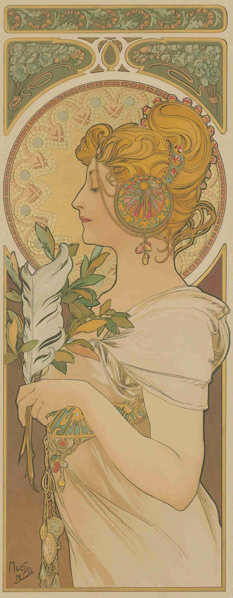 La Plume,Alphonse Mucha,Illustration,Illustration, 1 tjej, solo, blont hår, art nouveau, profil, blomma