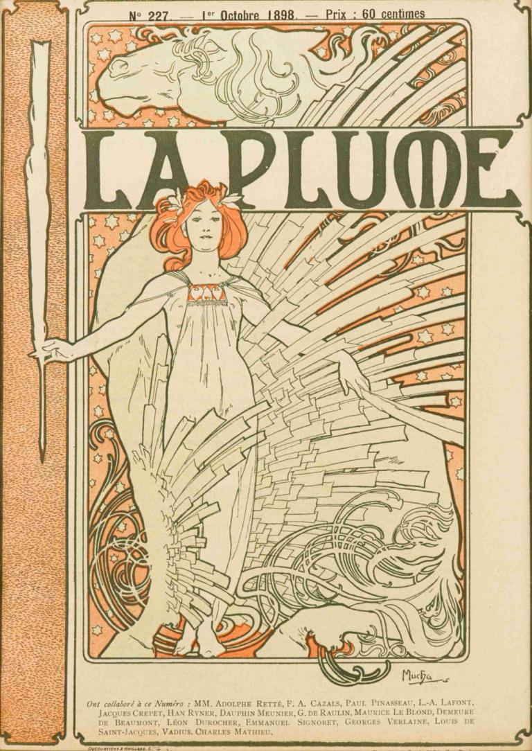 La Plume,ラ・プルーム,Alphonse Mucha,アルフォンス・ミュシャ,イラスト,イラスト, 1女の子, アール・ヌーボー, ポールアーム, 槍, 武器, 目を閉じた, ソロ, ドレス, 英語のテキスト