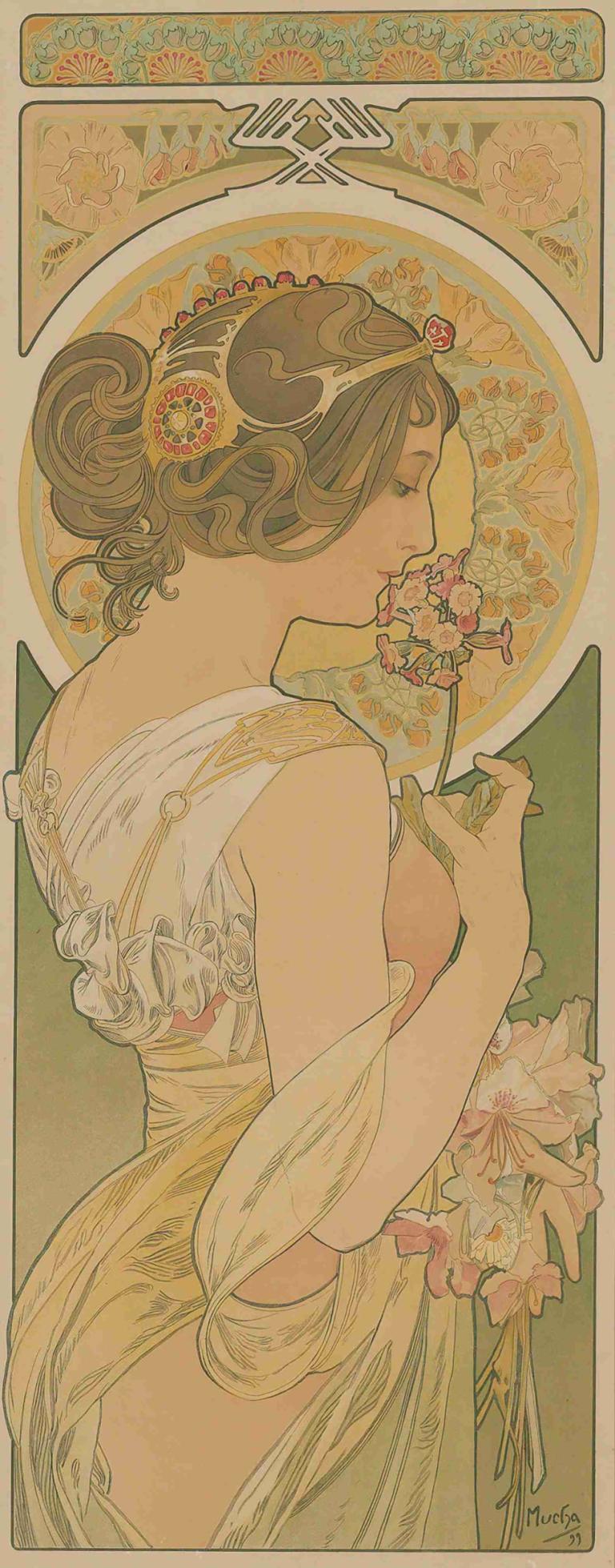 La Primevere,Alphonse Mucha,Illustration,Illustration, 1girl, solo, flower, holding flower, profile, holding