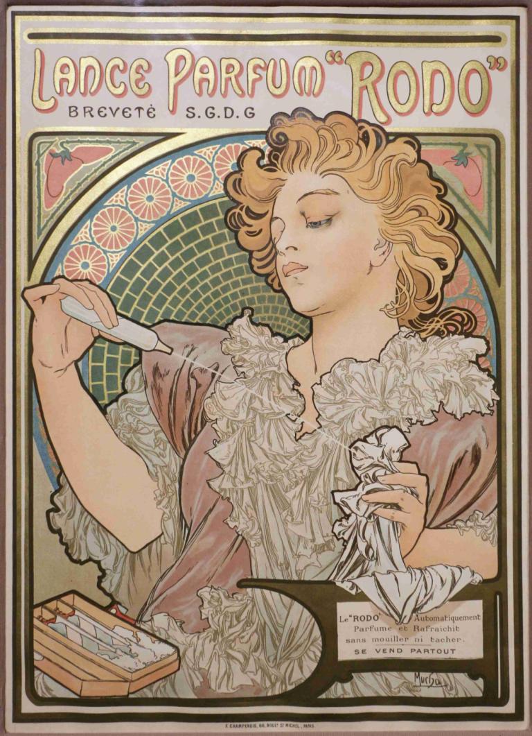 Lance Parfum Rodo,Parfum Rodo Lance,Alphonse Mucha,Ilustrație,Ilustrație, păr blond, solo, 1 fata