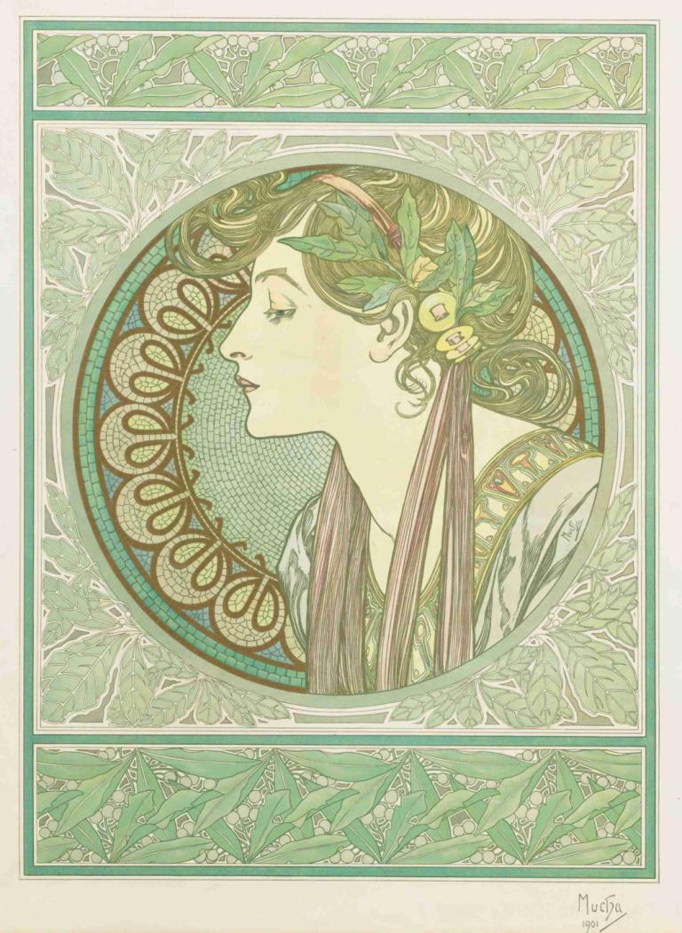 Laurel,Alphonse Mucha,Ilustracija,Ilustracija, 1 dekle, solo, list, profil, zaprte oči, okras za lase, podpis