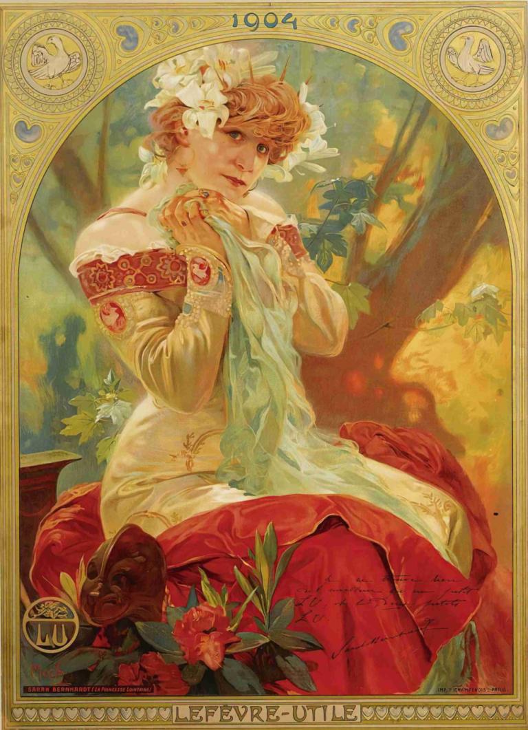 Lefevre-Utile Sarah Bernhardt,Alphonse Mucha,Illustration,Illustration, flower, solo, hair ornament