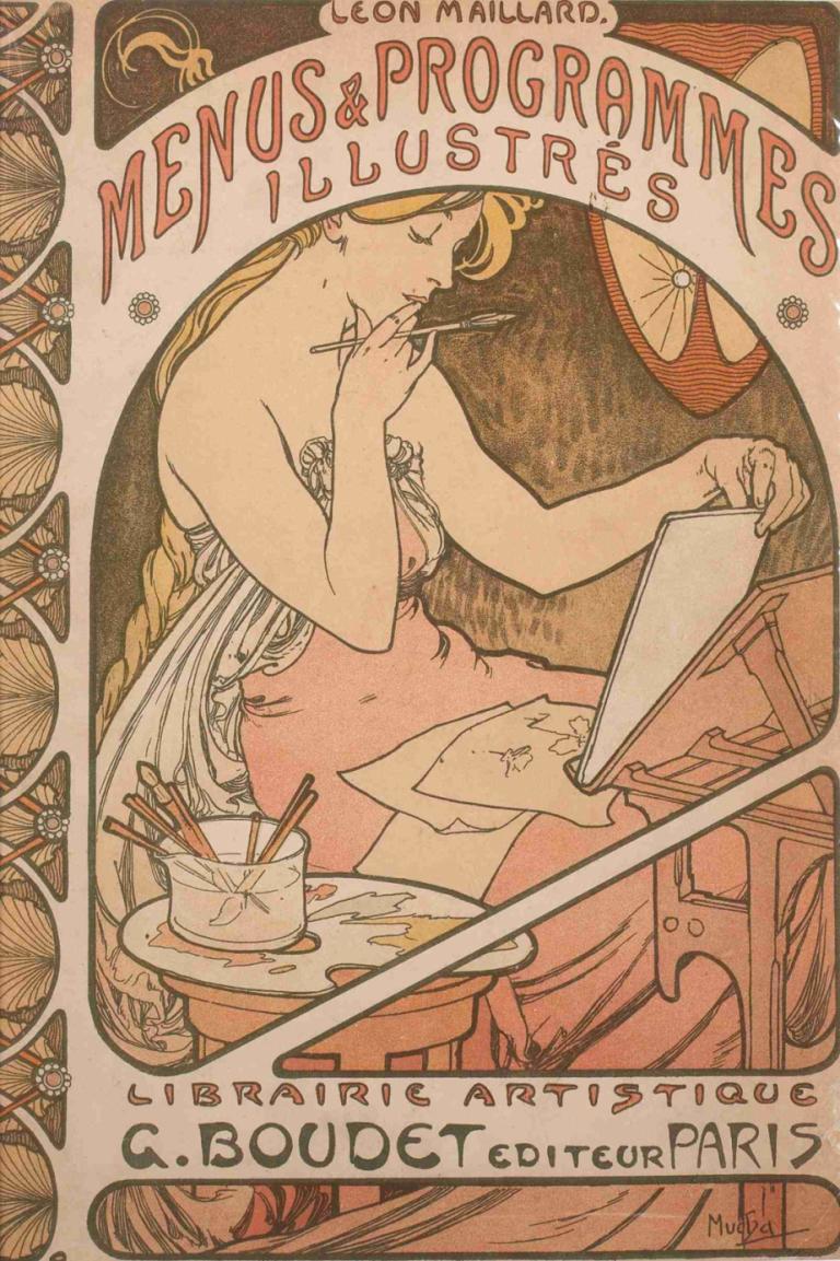 Les Menus and Programmes Illustres,Alphonse Mucha,Illustration,Illustration, 1girl, blonde hair, solo