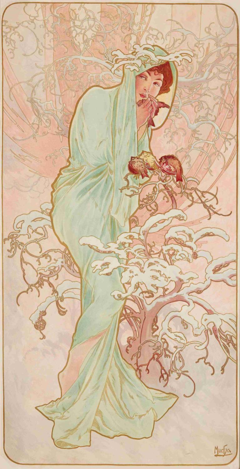 Les Saisons 1,Εποχές 1,Alphonse Mucha,Εικονογράφηση,Εικονογράφηση, πολλά κορίτσια, καστανά μαλλιά, 1 κορίτσι