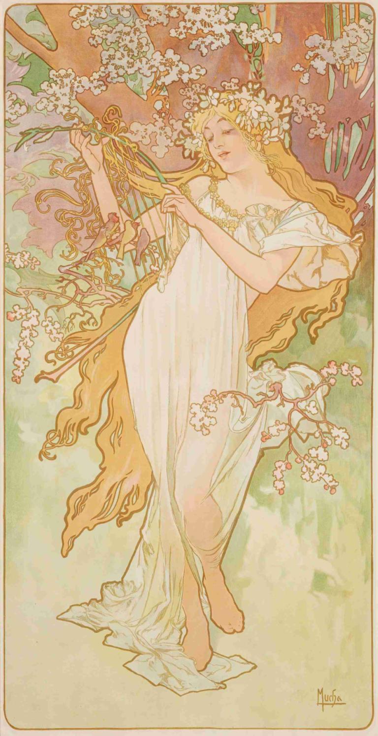 Les Saisons 2,Sezone 2,Alphonse Mucha,Ilustracija,Ilustracija, 1 dekle, dolgi lasje, blond lasje, obleka