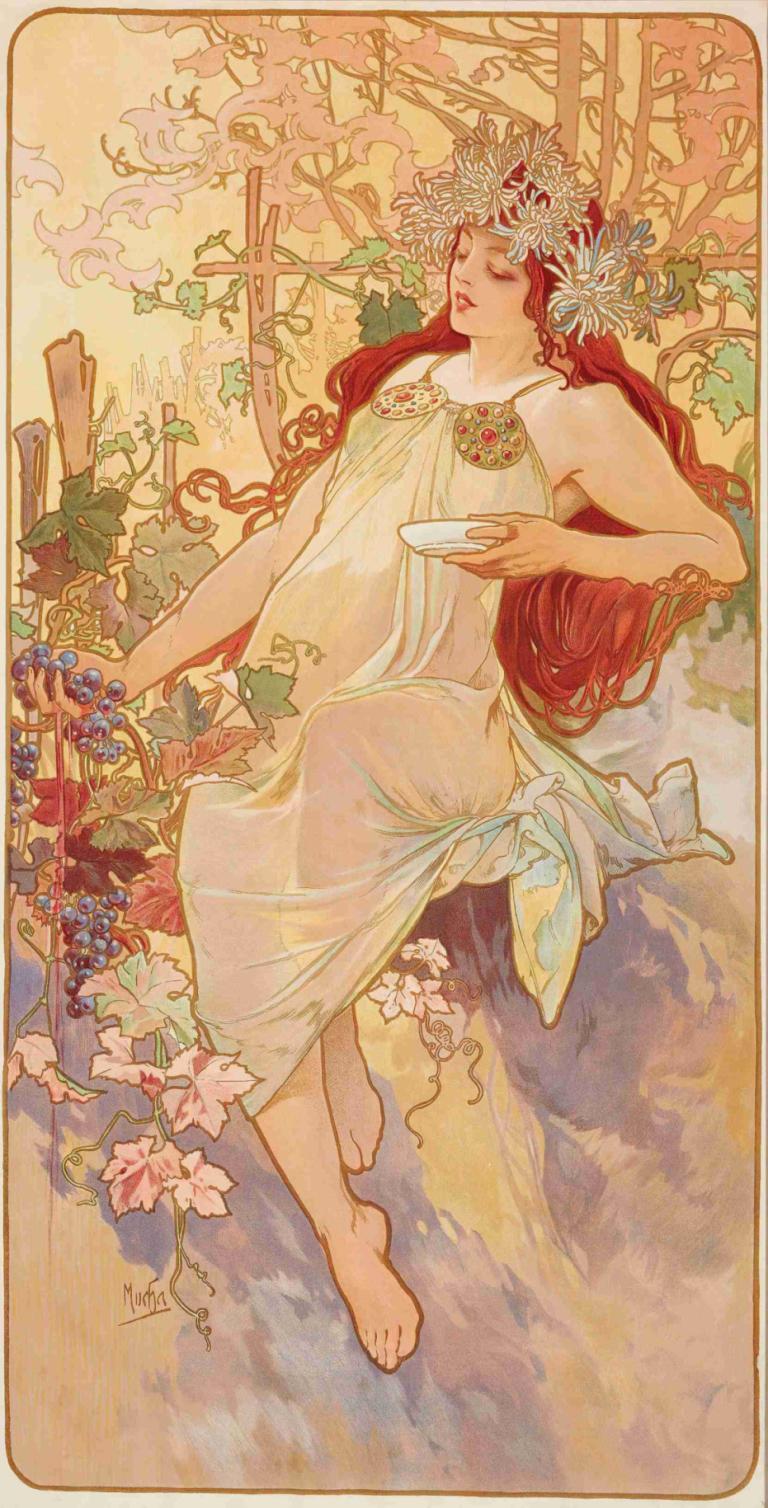 Les Saisons 3,Εποχές 3,Alphonse Mucha,Εικονογράφηση,Εικονογράφηση, 1 κορίτσι, μακριά μαλλιά, κόκκινα μαλλιά