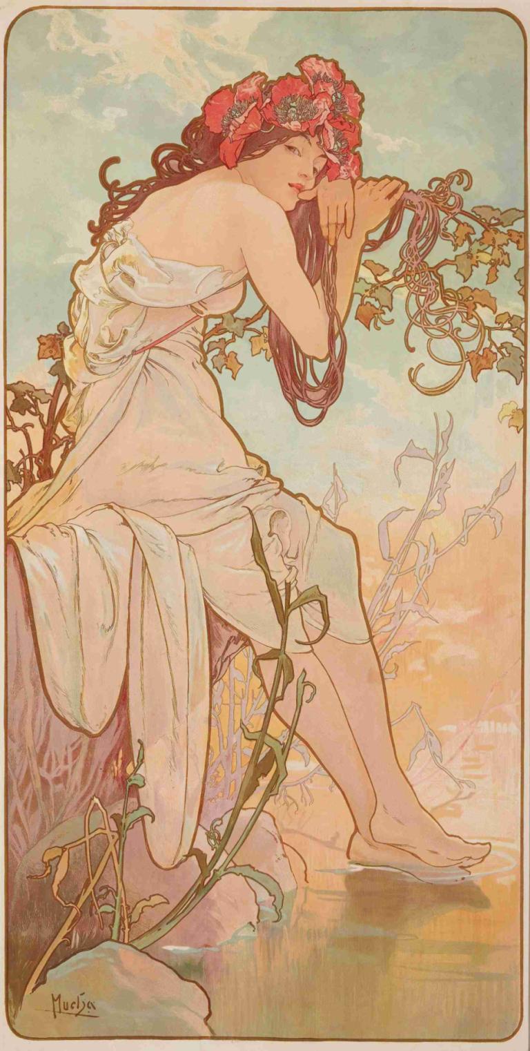 Les Saisons 4,Musim 4,Alphonse Mucha,Ilustrasi,Ilustrasi, 1 gadis, solo, gaun, rambut panjang, tanaman