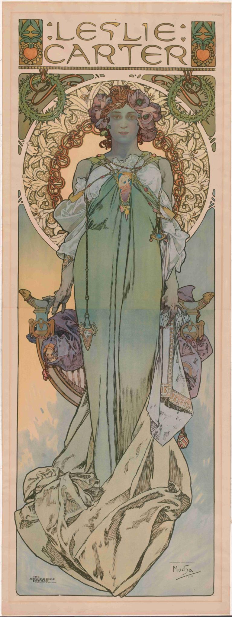 Leslie Carter,Alphonse Mucha,Illustration,Illustration, 1girl, tarot, art nouveau, solo, dress, long hair