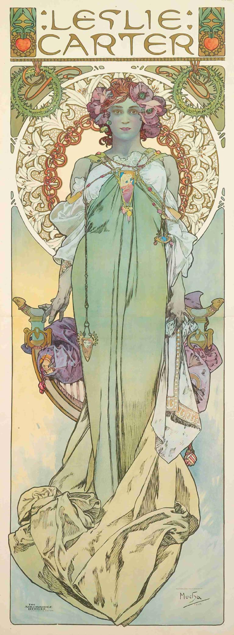 Leslie Carter,Alphonse Mucha,Εικονογράφηση,Εικονογράφηση, 1 κορίτσι, μονοφωνία, Art Nouveau, χρωματιστό δέρμα