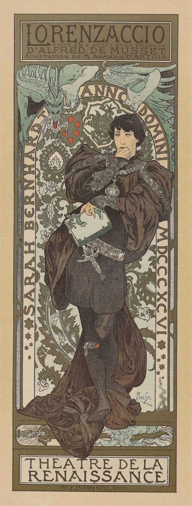 Lorenzaccio,Alphonse Mucha,Illustration,Illustration, 1boy, black hair, male focus, tarot, solo, armor