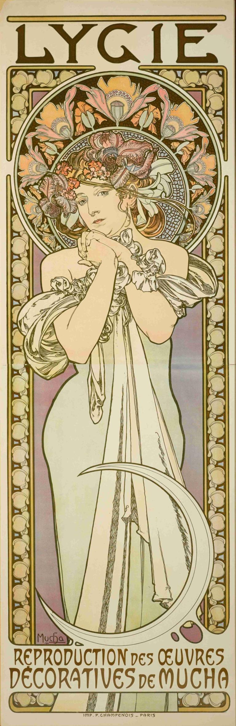 Lygie,Alphonse Mucha,İllüstrasyon,İllüstrasyon, Art Nouveau, 1kız, tarot, solo, elbise, sarı saç, çiçek