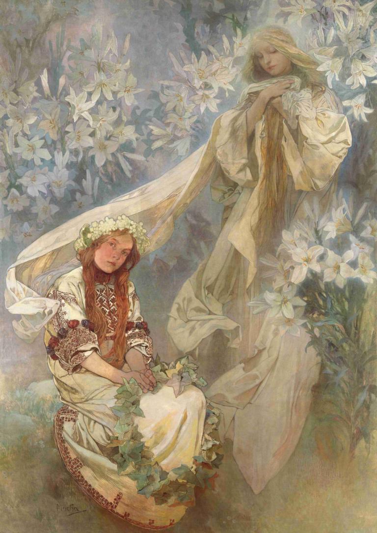 Madonna of the Lilies,Παναγία των Κρίνων,Alphonse Mucha,Εικονογράφηση,Εικονογράφηση, λουλούδι, 2 κορίτσια