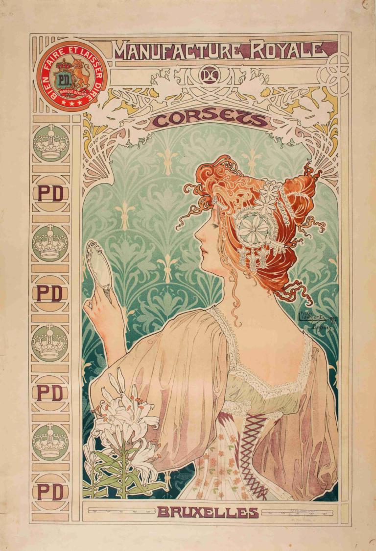 Manufacture Royale De Corsets,Memproduksi Royale De Corsets,Alphonse Mucha,Ilustrasi,Ilustrasi, 1 gadis