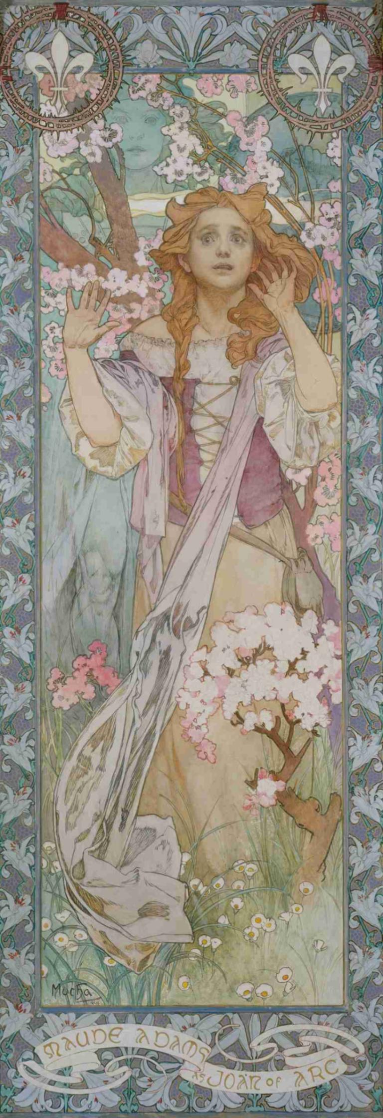 Maude Adams (1872–1953) as Joan of Arc,Alphonse Mucha,Illustration,Illustration, 1girl, flower, solo