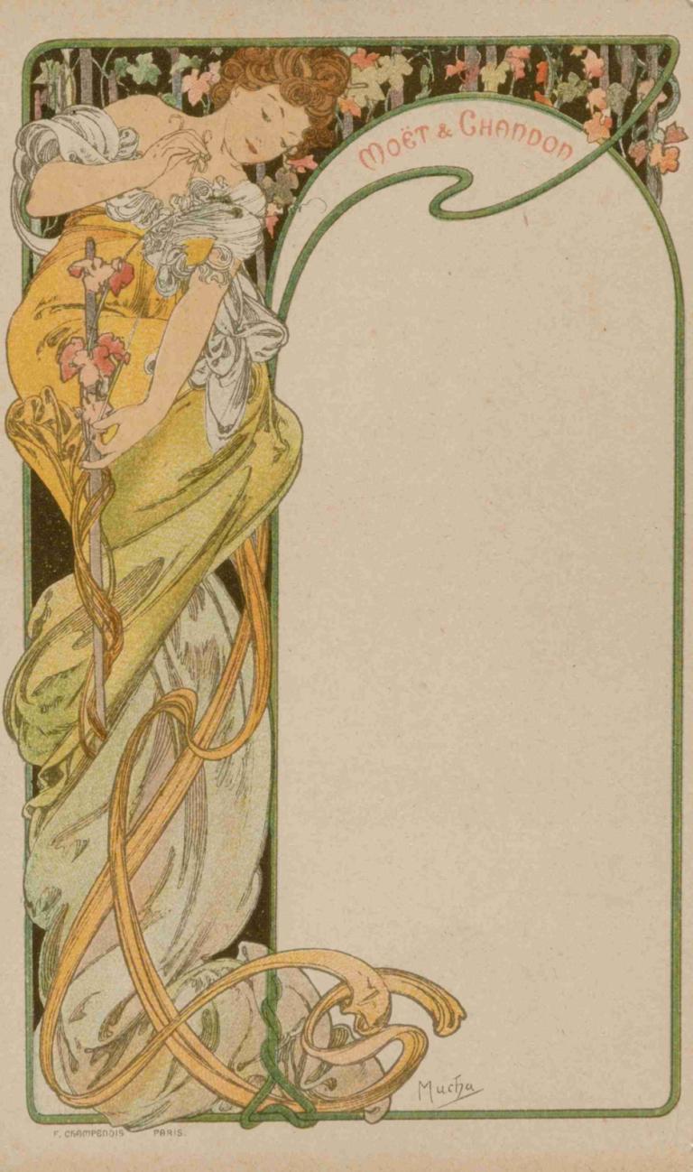 Menu Card,메뉴 카드,Alphonse Mucha,알폰스 무하,일러스트레이션,일러스트레이션, 여자 1명, 꽃, 독주, 감긴 눈, 드레스, 갈색 머리, 핑크색 꽃, 영어 텍스트, 하얀 드레스