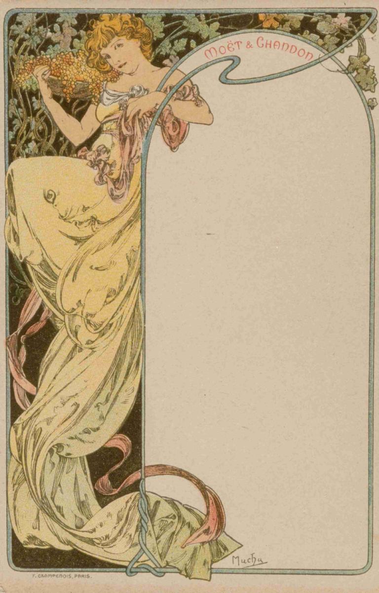 Menu Card,Κάρτα μενού,Alphonse Mucha,Εικονογράφηση,Εικονογράφηση, 1 κορίτσι, ξανθά μαλλιά, μονοφωνία, φόρεμα