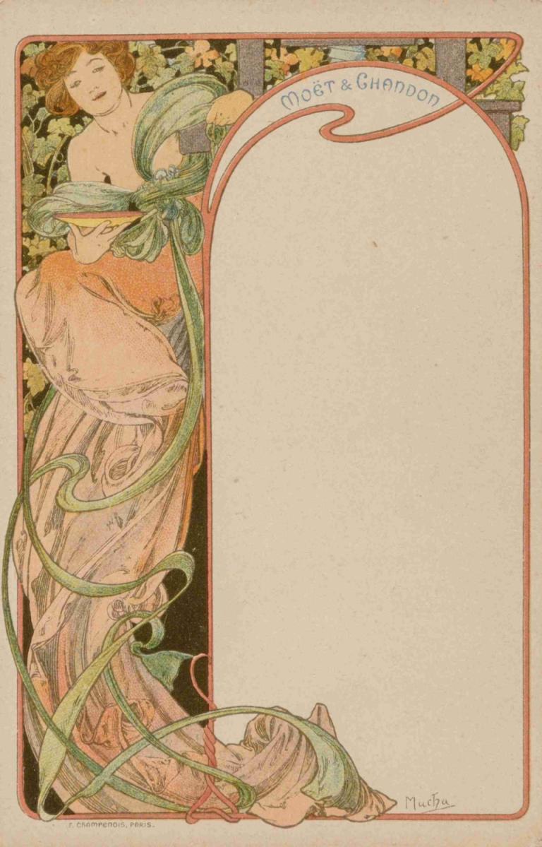 Menu Card,Κάρτα μενού,Alphonse Mucha,Εικονογράφηση,Εικονογράφηση, 1 κορίτσι, μονοφωνία, φόρεμα, κλειστά μάτια