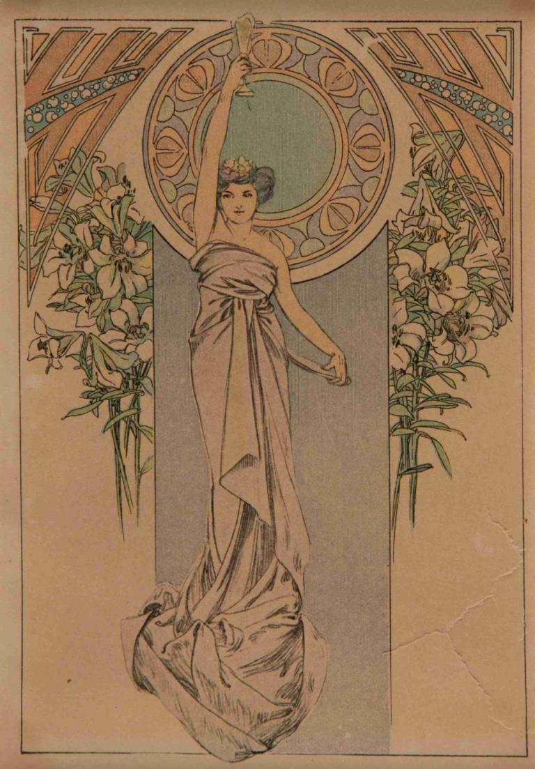 Menu Card,Κάρτα μενού,Alphonse Mucha,Εικονογράφηση,Εικονογράφηση, 1 κορίτσι, μονοφωνία, Art Nouveau, φόρεμα