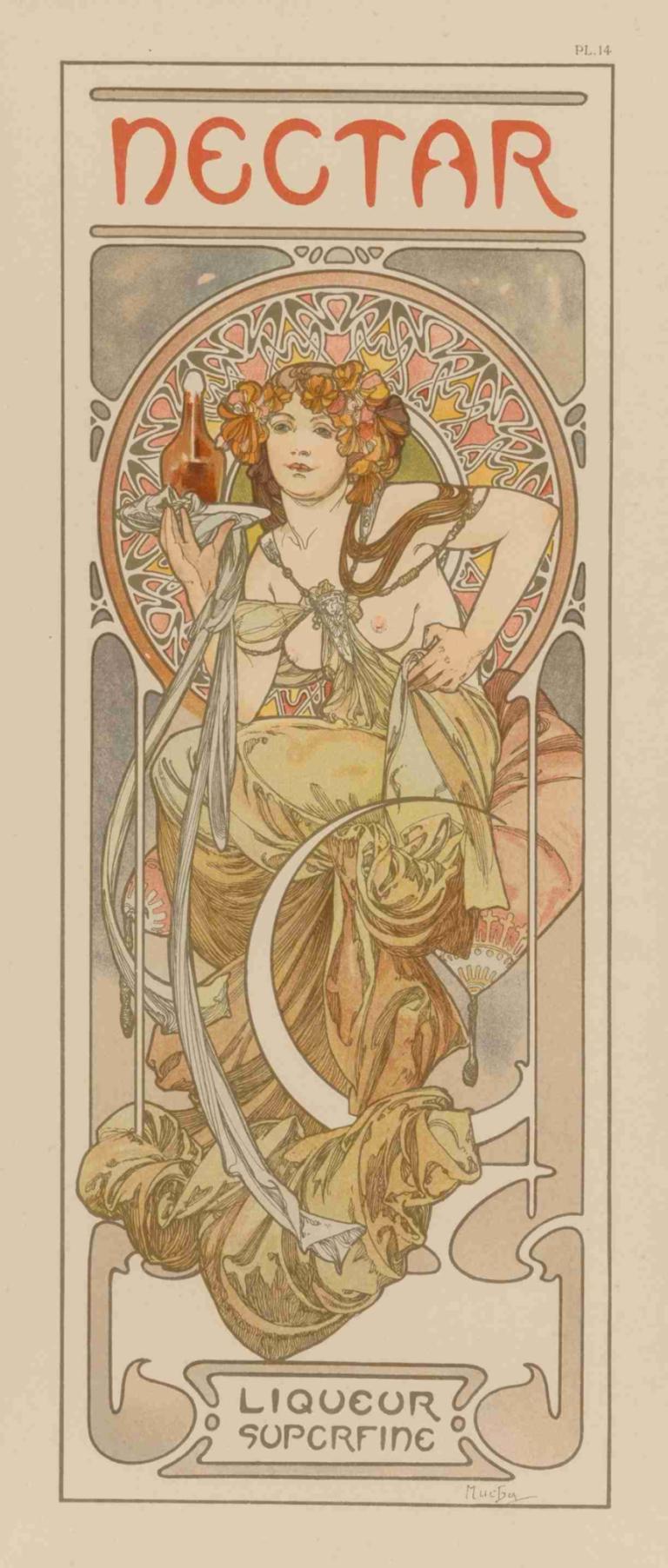 Nectar,넥타,Alphonse Mucha,알폰스 무하,일러스트레이션,일러스트레이션, 아르누보, 여자 1명, 타로, 독주, 꽃, 긴 머리, 가슴, 머리 장식, 보유, 갈색 머리, 영어 텍스트