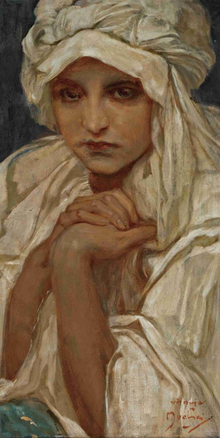 Portrait of a Girl,소녀의 초상,Alphonse Mucha,알폰스 무하,일러스트레이션,일러스트레이션, 독주, 여자 1명, 자신의 손을 함께, 전통 미디어, 현실적인, 서명