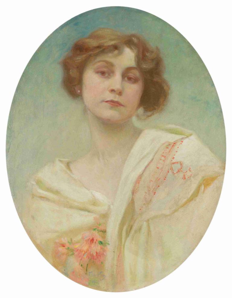 Portrait of a young woman in folk costume,민속 의상을 입은 젊은 여성의 초상화,Alphonse Mucha,알폰스 무하,일러스트레이션,일러스트레이션, 독주