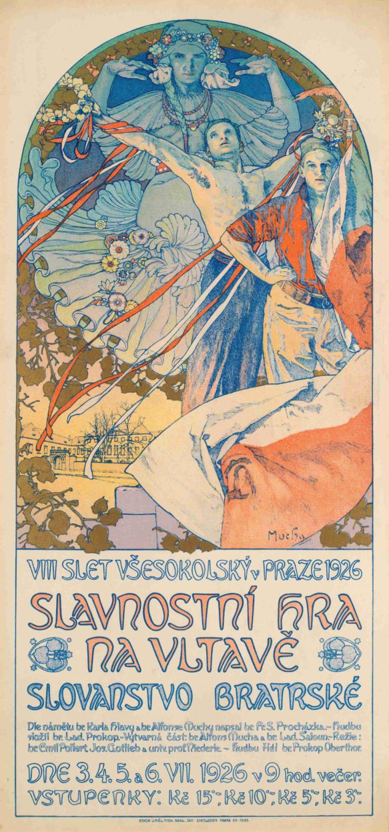 Poster for The Sokol Festival in Prague,프라하 소콜 페스티벌 포스터,Alphonse Mucha,알폰스 무하,일러스트레이션,일러스트레이션, 여러 여자, 긴 머리