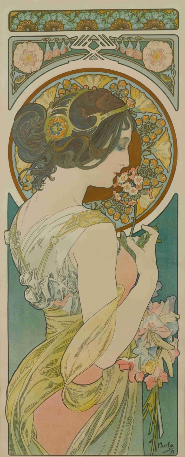 Primrose,앵초,Alphonse Mucha,알폰스 무하,일러스트레이션,일러스트레이션, 여자 1명, 독주, 꽃, 핑크색 꽃, 프로필, 꽃을 들고, 드레스, 보유, 흑발, 노란 꽃, 헤어 번