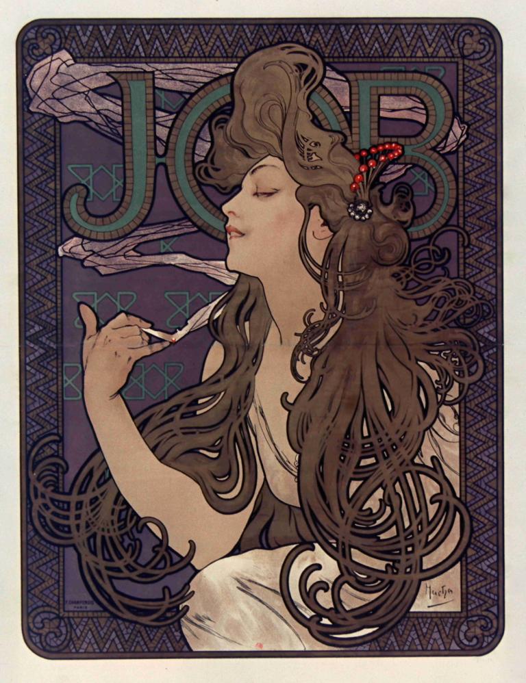 Publicité pour les cigarettes Job.,Job 담배 광고.,Alphonse Mucha,알폰스 무하,일러스트레이션,일러스트레이션, 여자 1명, 긴 머리, 독주, 갈색 머리