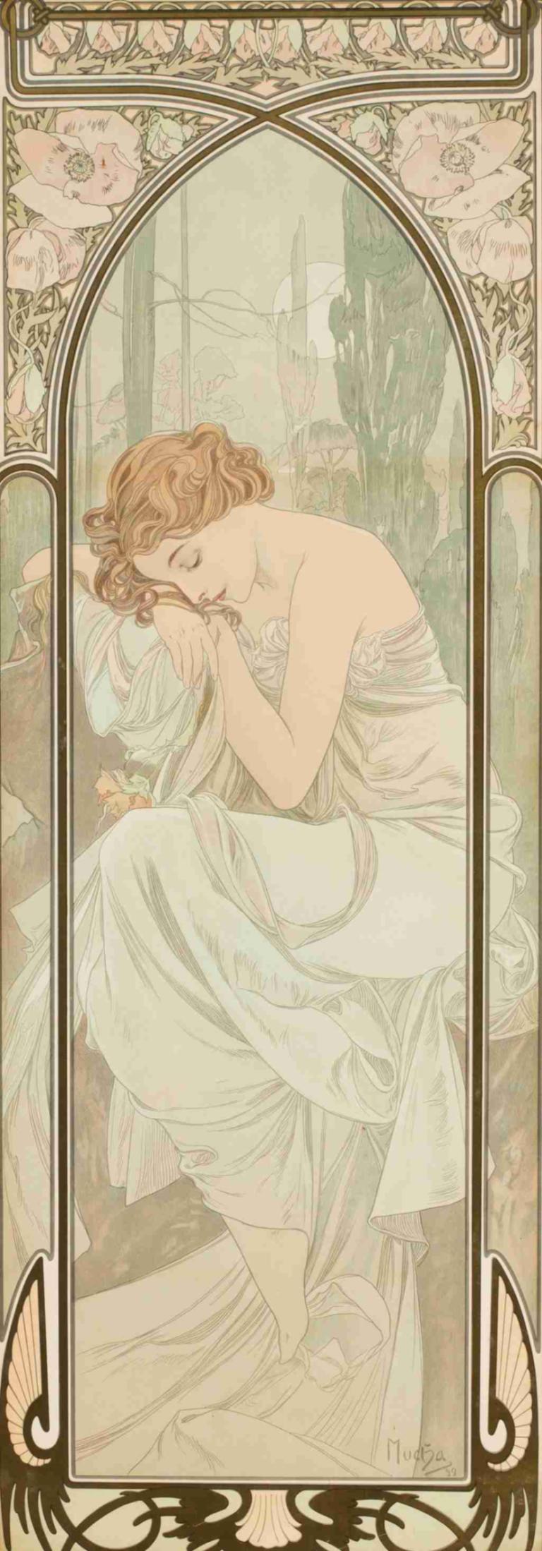 Repos de la nuit,야간 휴식,Alphonse Mucha,알폰스 무하,일러스트레이션,일러스트레이션, 여자 1명, 드레스, 갈색 머리, 독주, 꽃, 감긴 눈, 맨발, 벌거벗은 어깨, 좌석