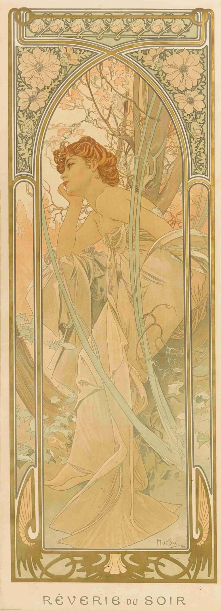 Reverie du soir,저녁 식사,Alphonse Mucha,알폰스 무하,일러스트레이션,일러스트레이션, 타로, 독주, 드레스, 꽃, 여자 1명, 갈색 머리, 나무, 프로필, 아르누보, 보석류