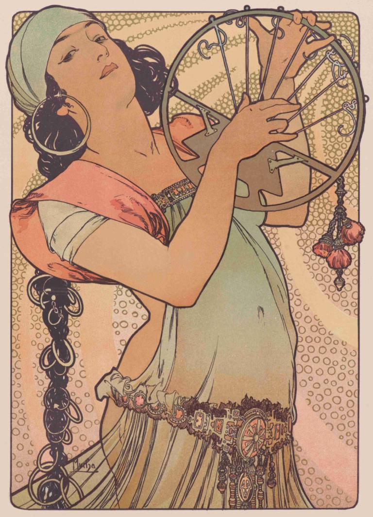 Salomé,Alphonse Mucha,Illustration,Illustration, 1girl, solo, long hair, jewelry, black hair, earrings