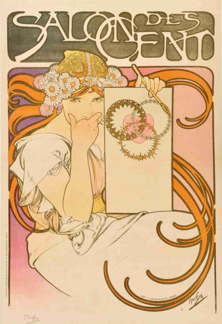 Salon des Cent - June,中心沙龙 - 六月,Alphonse Mucha,阿尔方斯-穆夏,插画,插画, 独奏, 1个女孩, 花, 长发, 保持, 橙色头发, 裙子, 签名, 头花环, 发饰, 发花